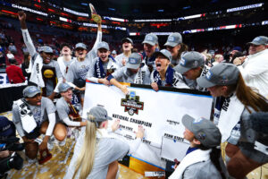 Penn St. Nittany Lions celebrate after defeating the Louisville Cardinals to win the NCAA Women's Volleyball Championship held at the KFC YUM! Center on December 22, 2024 in Louisville, Kentucky.