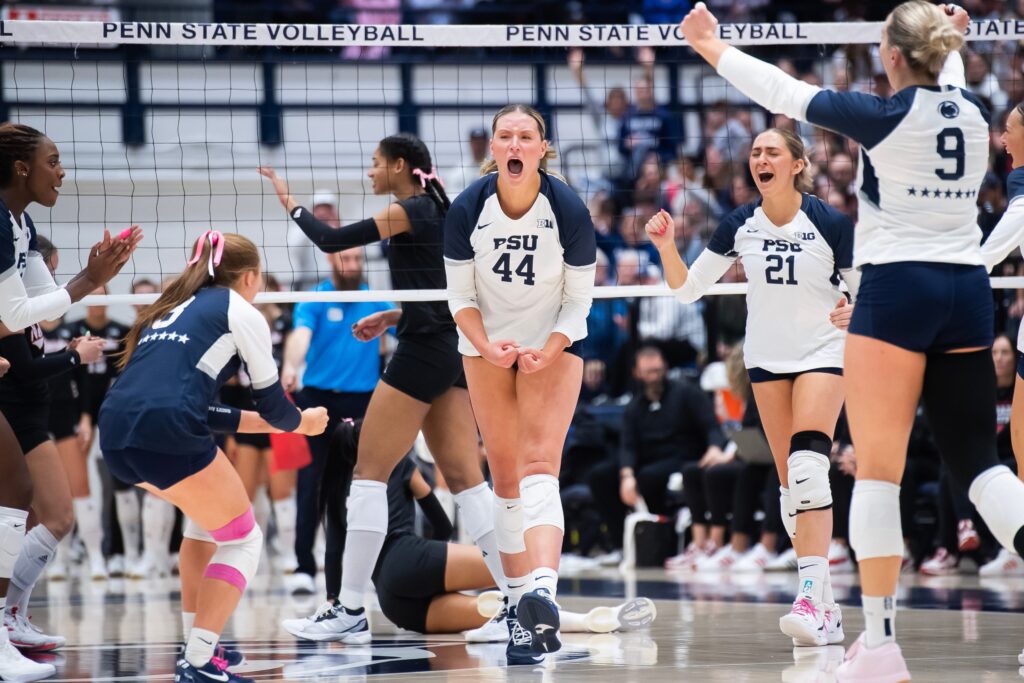 Penn State's Maggie Mendelson celebrates a kill during an NCAA volleyball match.