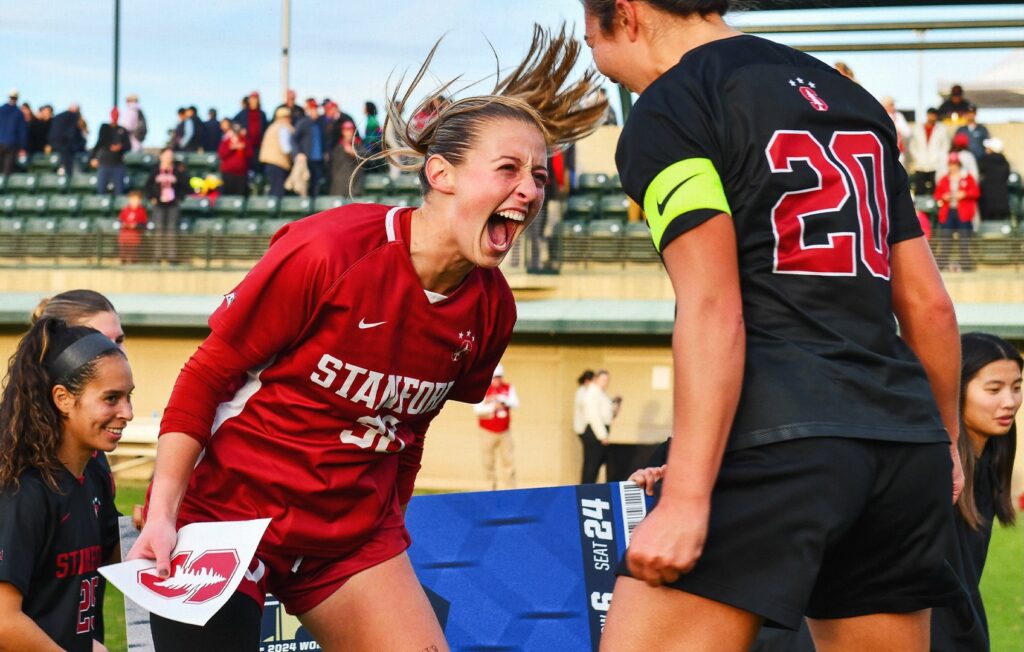 NCAA Stanford women's soccer players celebrate booking their ticket to the 2024 College Cup.