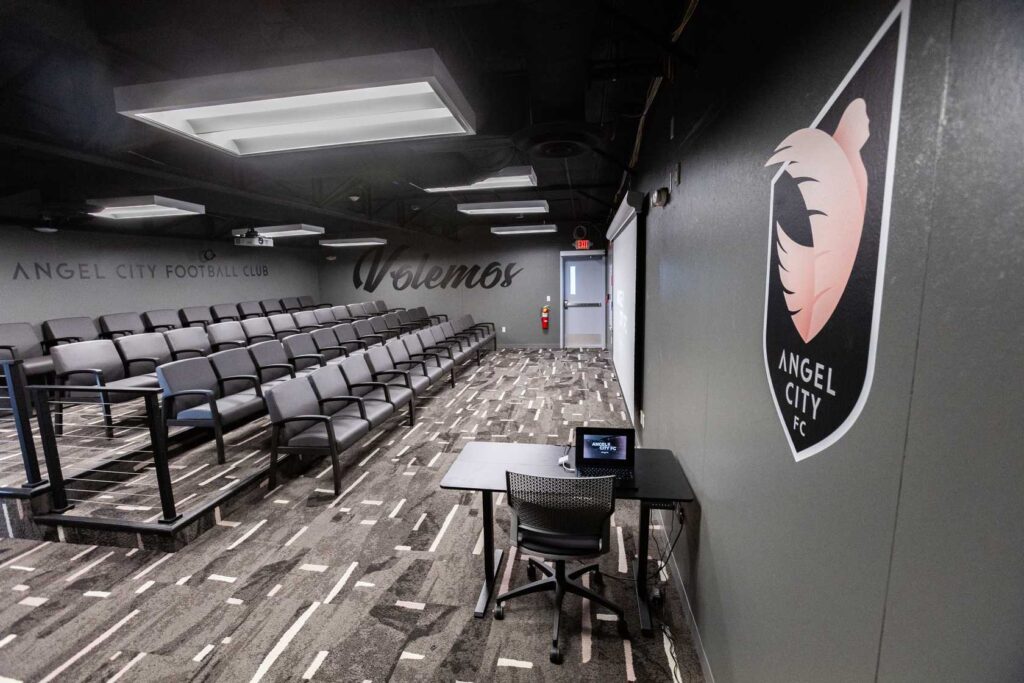 Angel City team room inside the club's new NWSL training facility.