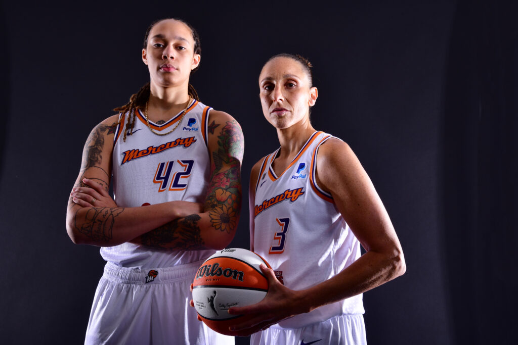 Phoenix stars Brittney Griner and Diana Taurasi pose together on WNBA Media Day.