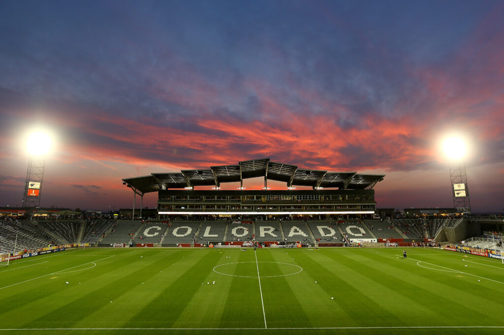 The sun sets over the stadium as Australia prepares to face the USA in a women's soccer game at Dick's Sporting Goods Park near NWSL expansion city Denver Colorado.