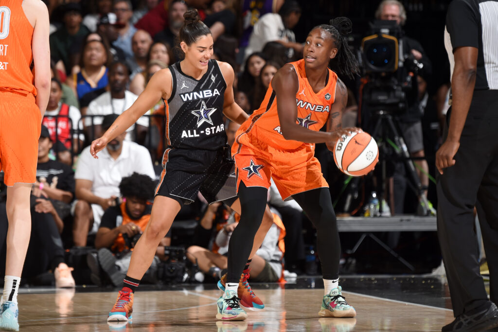 Kelsey Plum defends Jewel Loyd during the 2023 WNBA All-Star Game.