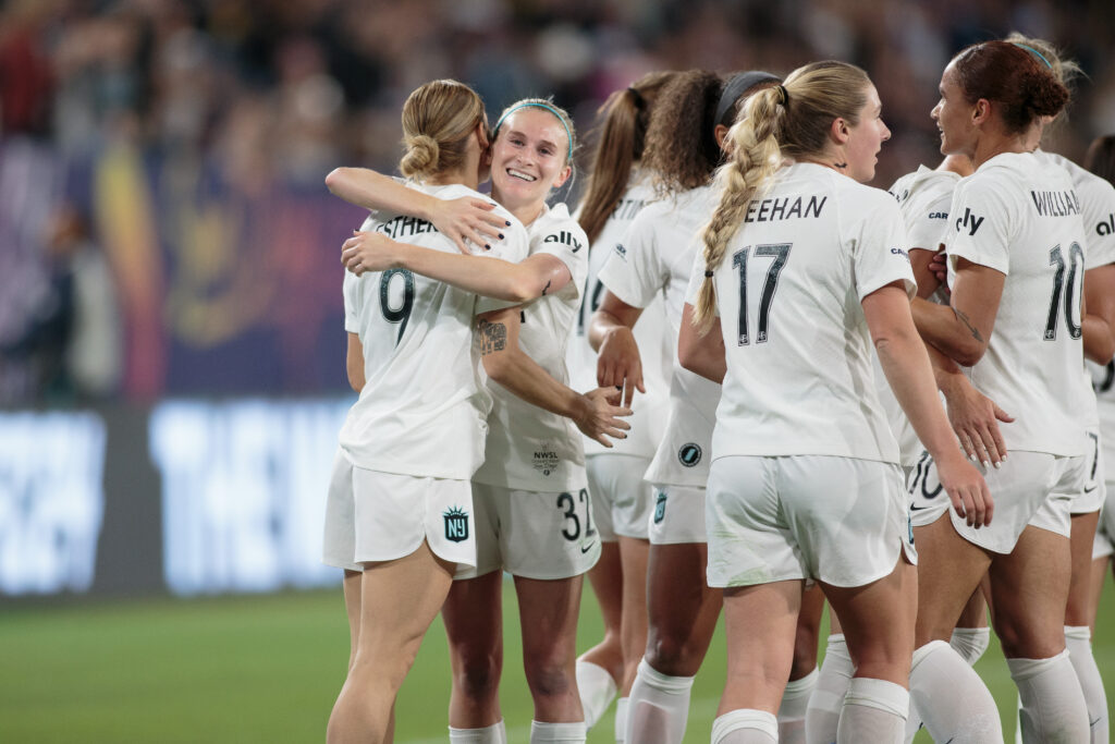 Esther Gonzalez of Gotham FC scores a goal and celebrates with Arsenal transfer Jenna Nighswonger during the 2023 NWSL Championship final.