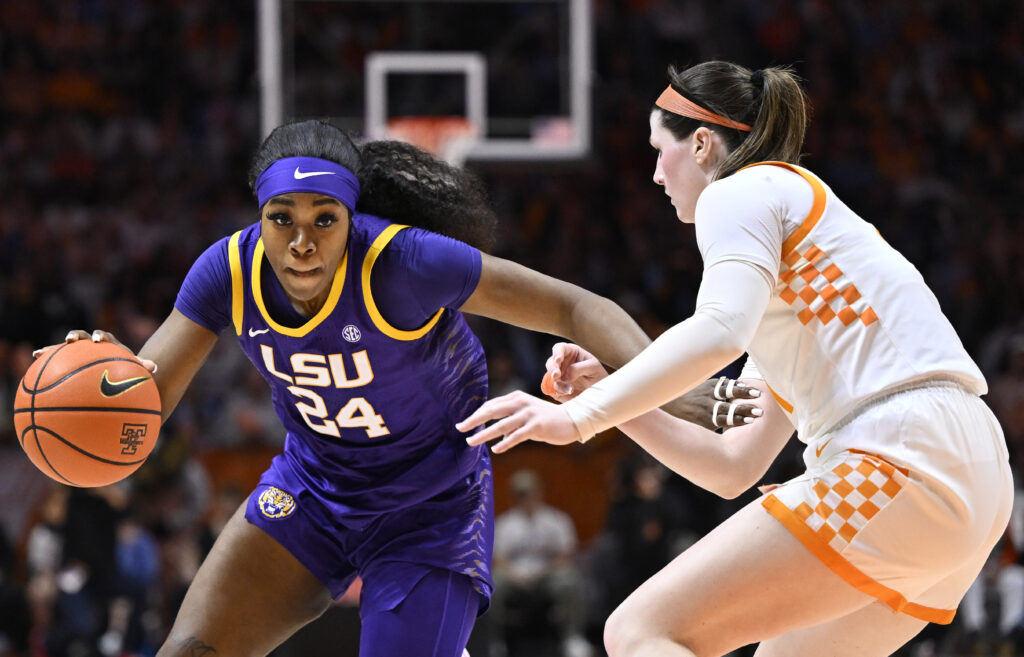 Tennessee's Sara Puckett defends LSU's Aneesah Morrow in a 2024 game.