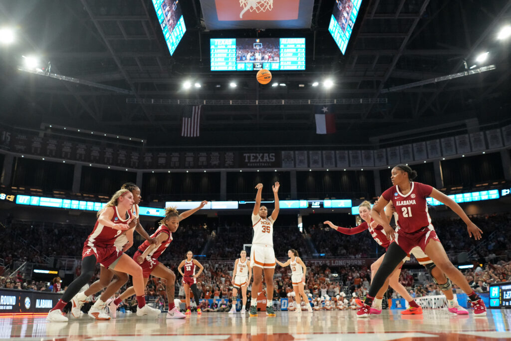 Texas star Madison Booker takes a free throw against Alabama in their 2024 Sweet Sixteen game.