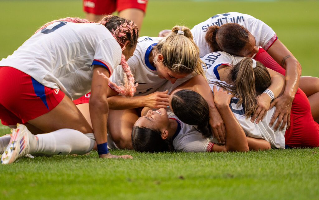 USWNT and EA FC 2025 Team of the Year star Sophia Smith celebrates after scoring at the 2024 Paris Olympics.