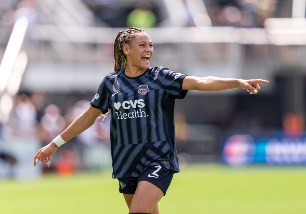 Trinity Rodman #2 of the NWSL Washington Spirit celebrates during a game between Kansas City Current and Washington Spirit at Audi Field on August 25, 2024 in Washington, DC.