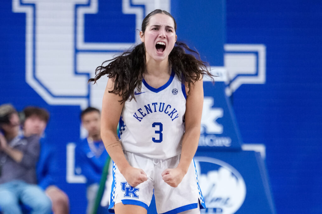 Kentucky basketball star Georgia Amoore celebrates during a game.