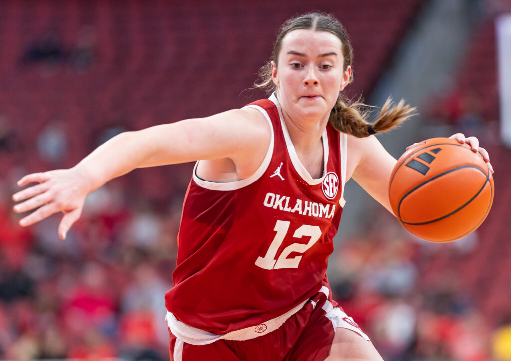 Oklahoma guard Payton Verhulst drives to the basket during a game.