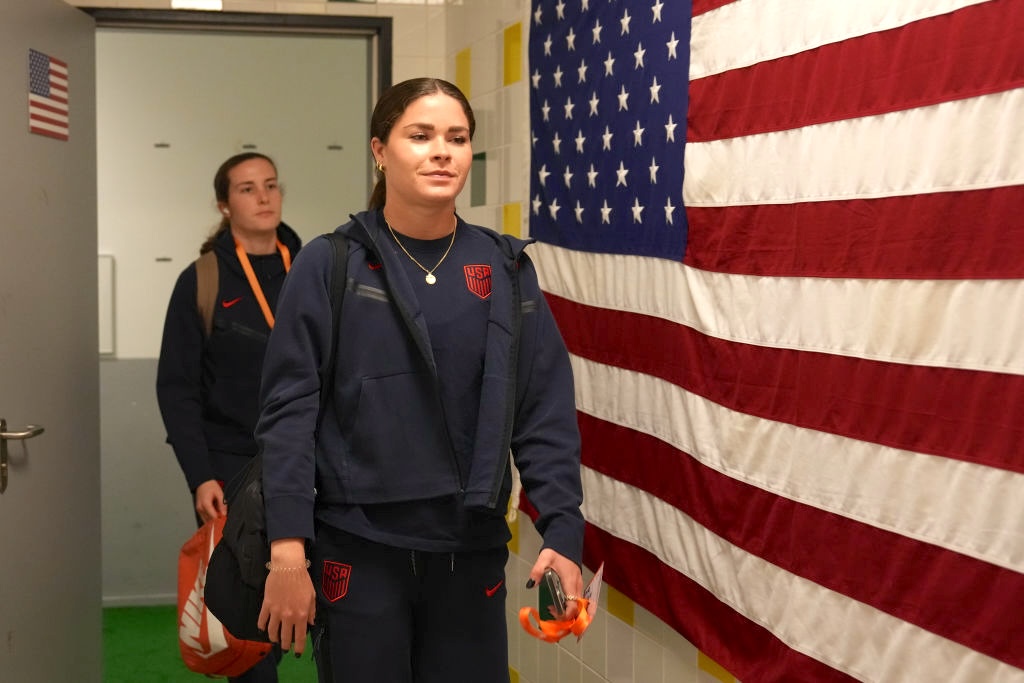 Emma Sears and Tierna Davidson of the USWNT arrive at the stadium prior to playing the Netherlands during an international friendly match at ADO Den Haag Stadion.