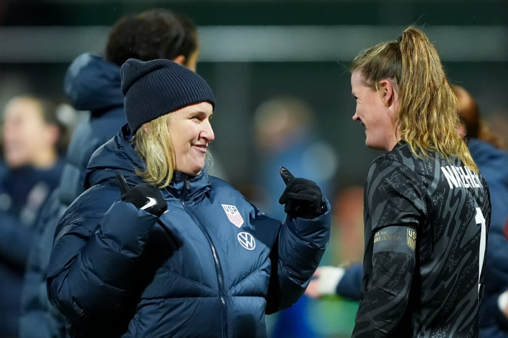 USWNT Head Coach Emma Hayes celebrates with Alyssa Naeher after an international friendly between Netherlands and United States.