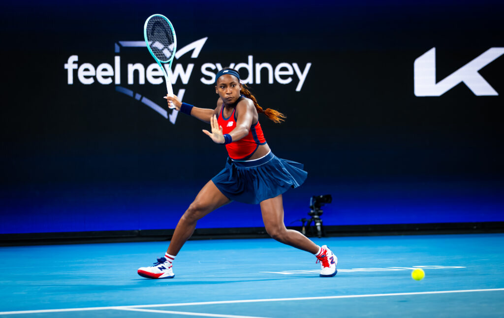 No. 3 Coco Gauff sets up a forehand during her United Cup match against No. 2 Iga Świątek.