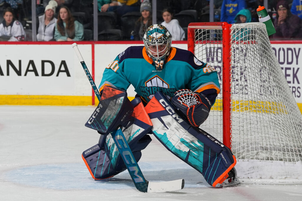 New York Sirens goaltender Corinne Schroeder defends the net during a PWHL game.