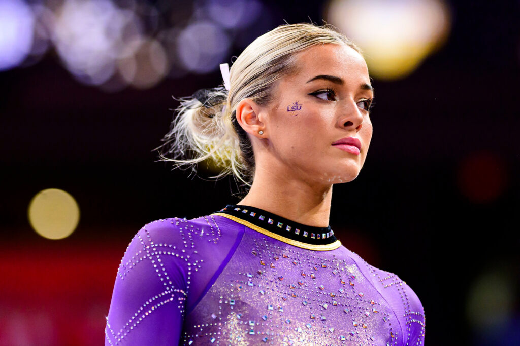 LSU gymnast Livvy Dunne looks on during a meet.