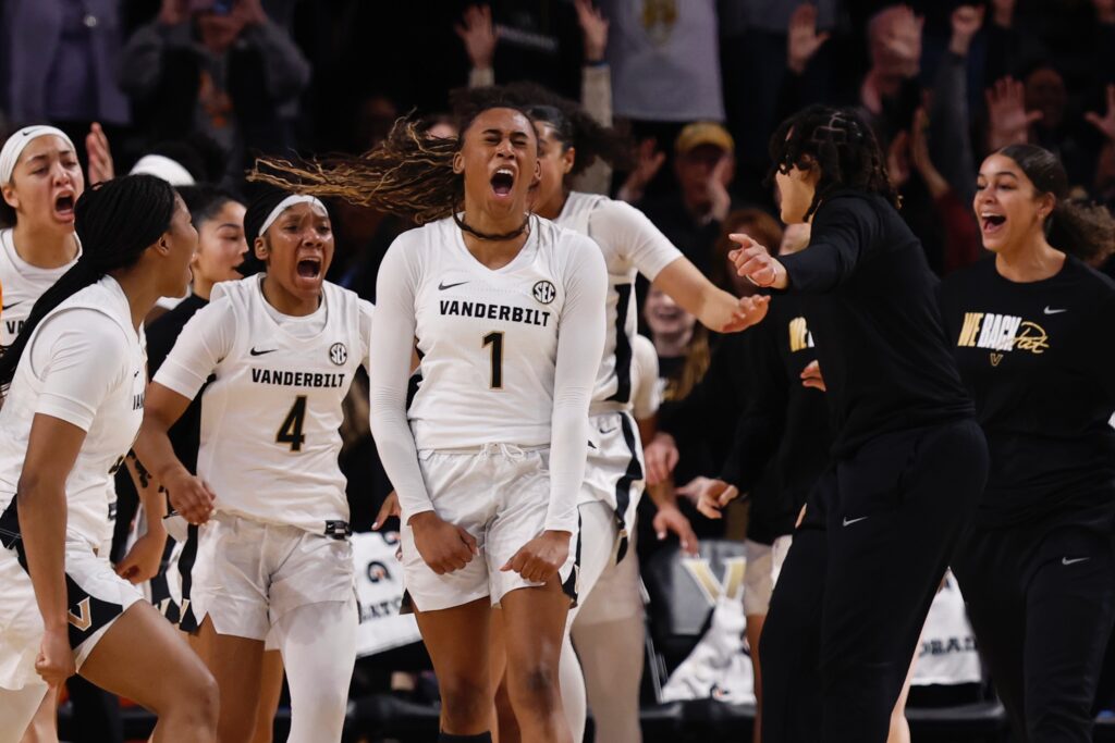 Vanderbilt's Mikayla Blakes celebrates a shot that clinched an SEC basketball upset win.