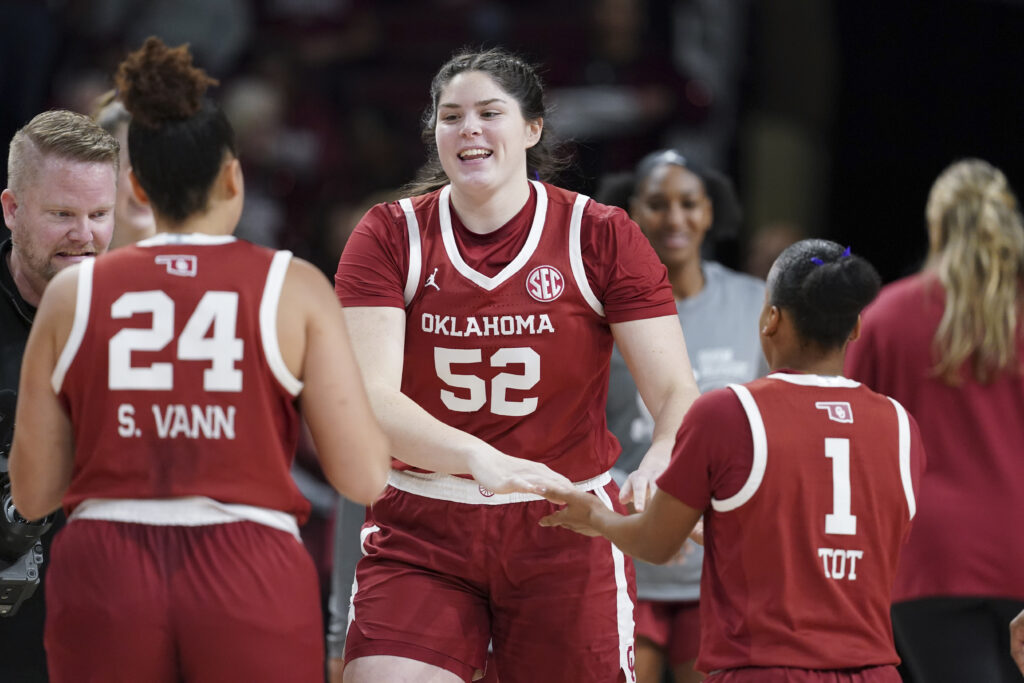 Oklahoma's Reagan Beers and her teammates hype each other up before an SEC basketball game.