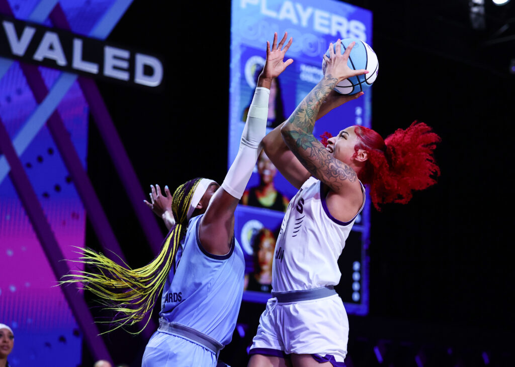 Unrivaled star Shakira Austin #1 of the Lunar Owls drives against Aaliyah Edwards #3 of the Mist during the first half at The Mediapro Studio on January 17, 2025 in Medley, Florida. 