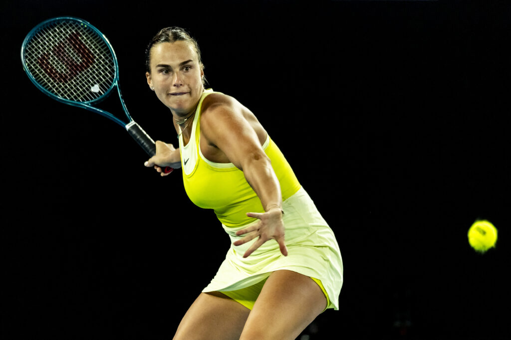 Aryna Sabalenka sets up a forehand during her 2025 Australian Open quarterfinal.