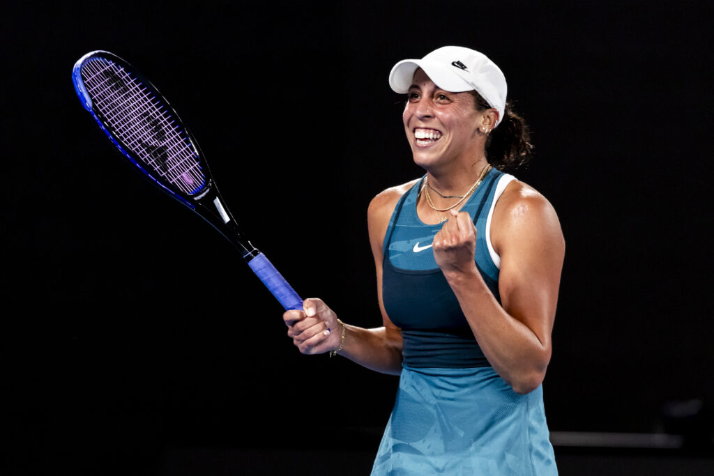 US tennis star Madison Keys celebrates her Australian Open semifinal win over No. 2 Iga Świątek.