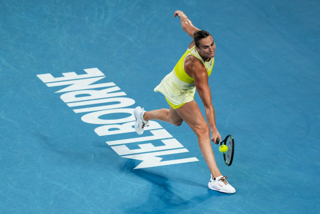 Aryna Sabalenka backhands a shot during her 2025 Australian Open semifinal.