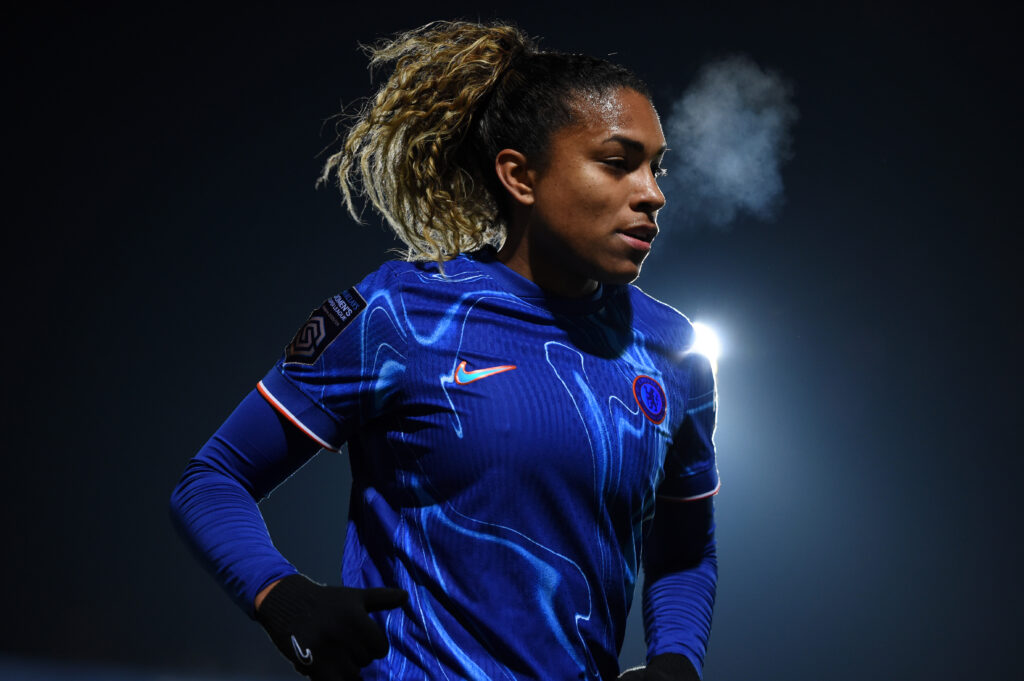 WSL attacker and USWNT star Catarina Macario looks on during a Chelsea match.