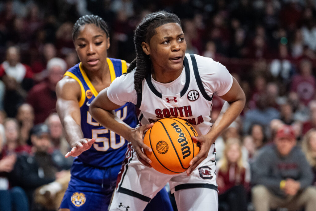 LSU's Shayeann Day-Wilson guards South Carolina's MiLaysia Fulwiley during their Friday NCAA basketball game.