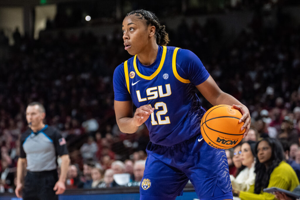 LSU's Mikaylah Williams dribbles the ball during a game.