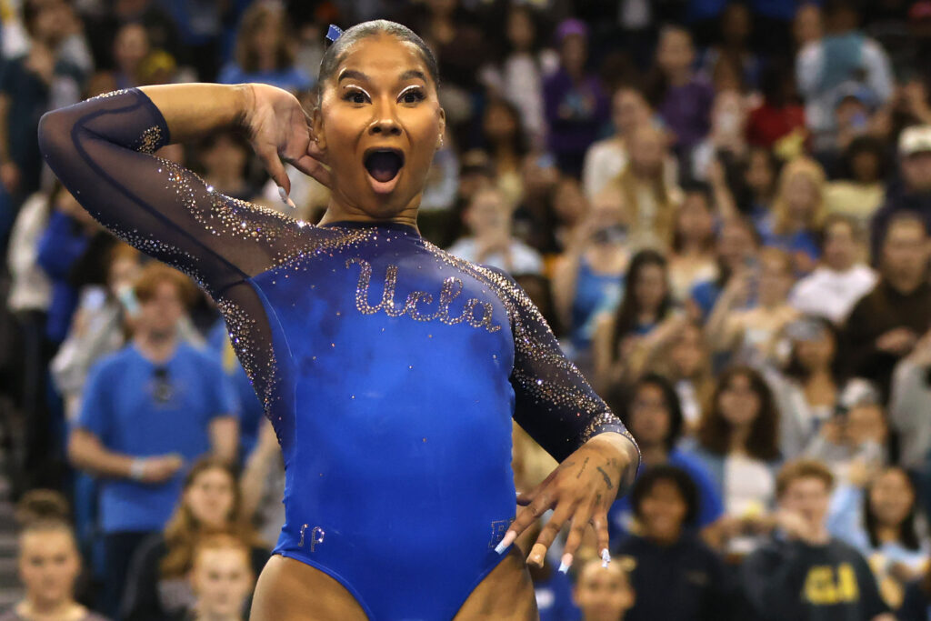 UCLA's Jordan Chiles strikes a pose during her floor exercise at a meet.