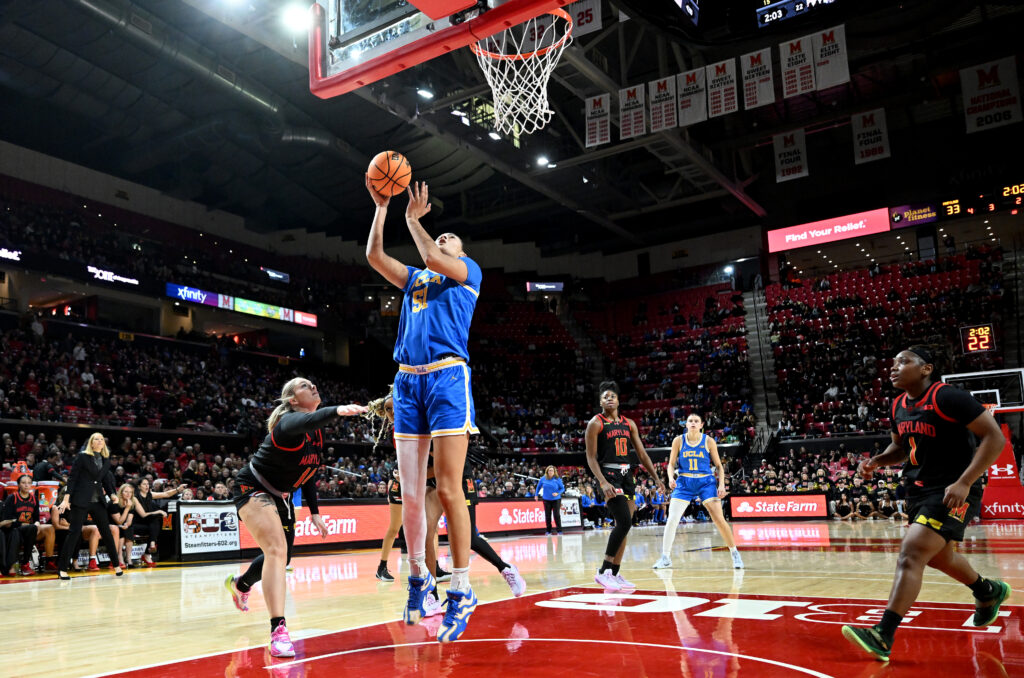 UCLA's Lauren Betts shoots the ball during the No. 1 Bruins' Sunday NCAA basketball win over No. 8 Maryland.