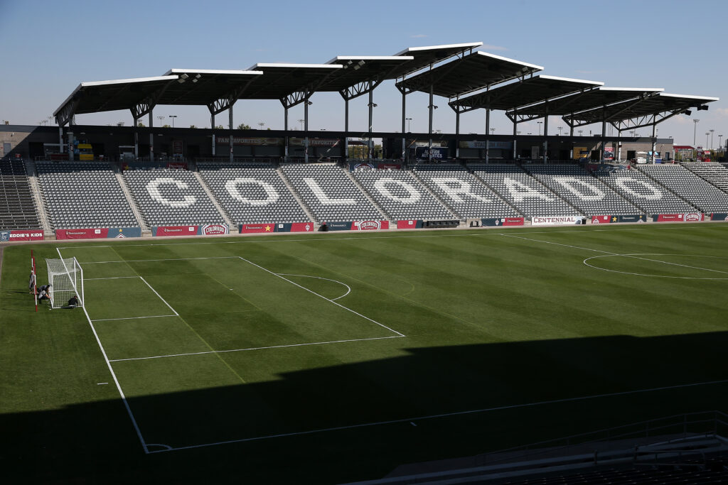 A shot of Dick's Sporting Goods Park with the word Colorado emblazoned on the seats.