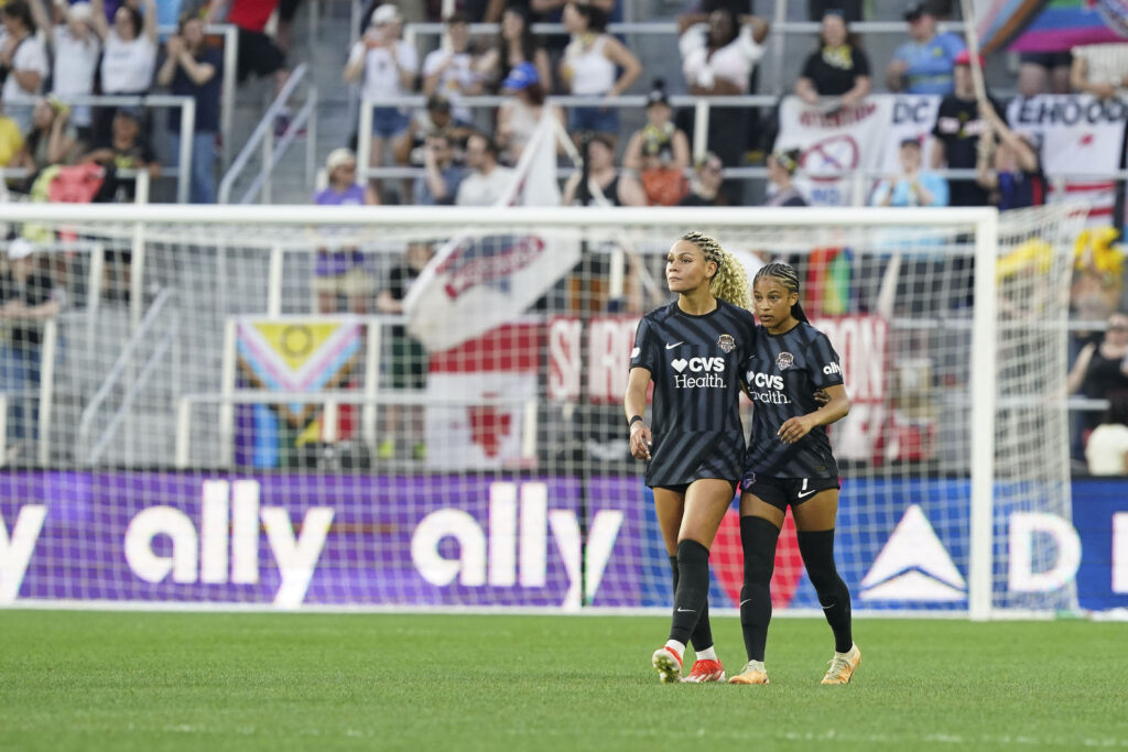 Washington Spirit forward Trinity Rodman (2) celebrates after midfielder Croix Bethune (7) scores a goal