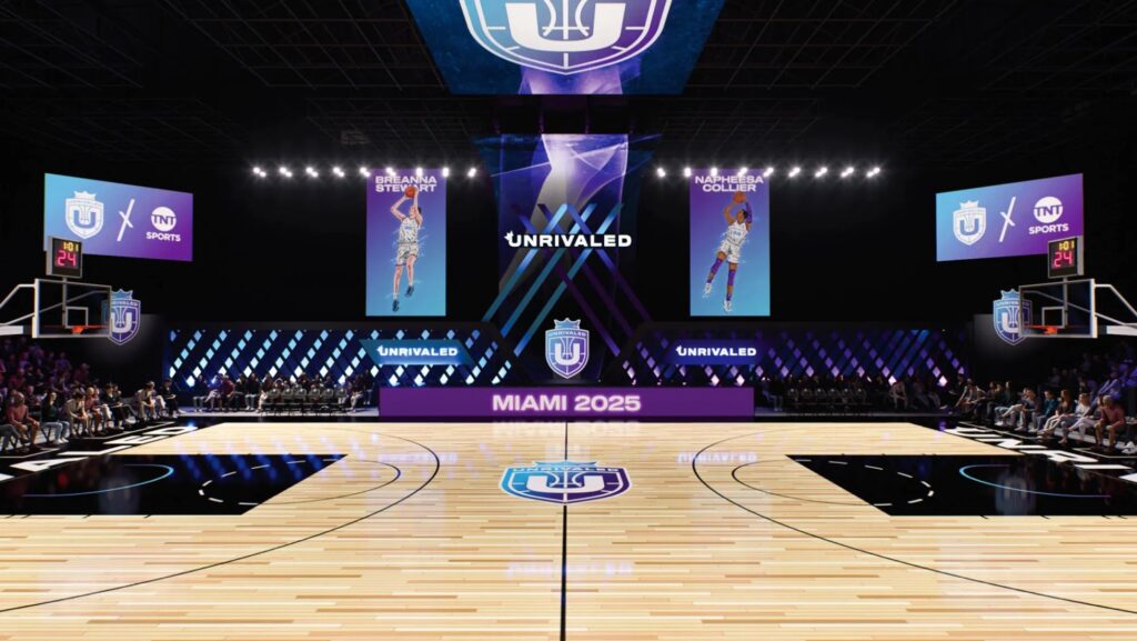 A rendering of the Unrivaled 3x3 basketball court in Miami.