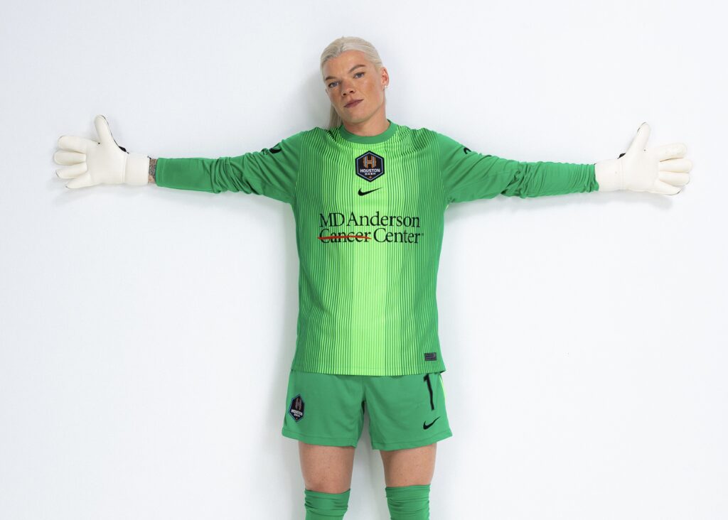 Houston Dash net-minder Jane Campbell poses in one of the NWSL's new 2025 goalkeeper kits.