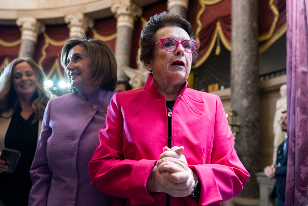 Billie Jean King, right, founder of the Women's Sports Foundation, and Speaker of the House Nancy Pelosi, D-Calif., attend a portrait unveiling ceremony at the Capitol in Washington, DC.