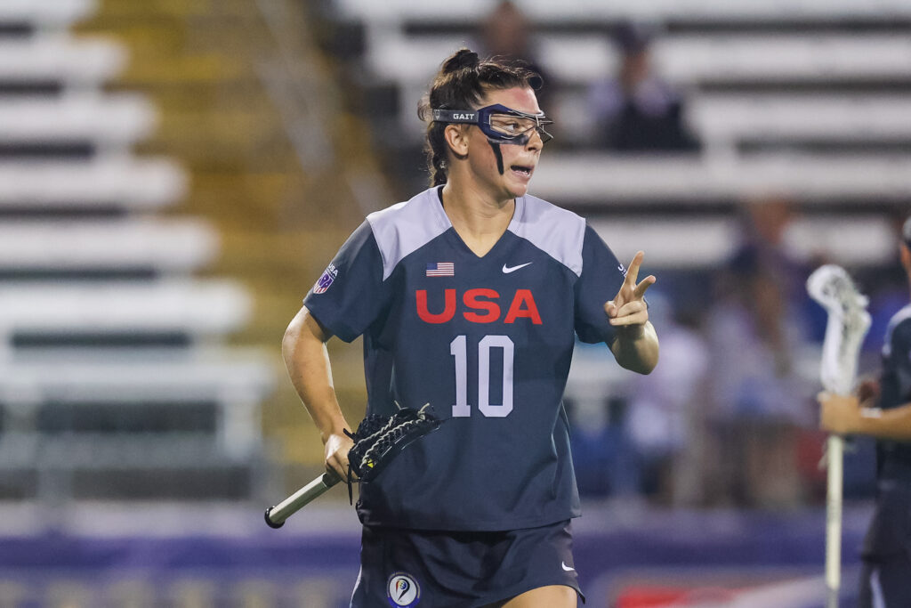 Team USA lacrosse star Charlotte North gestures during a 2022 World Championship game.