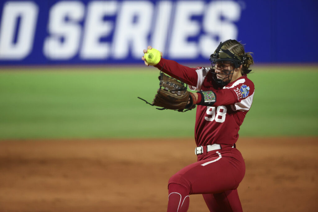 Oklahoma softball pitcher Jordy Bahl winds up during the 2023 Women's College World Series against Florida State.