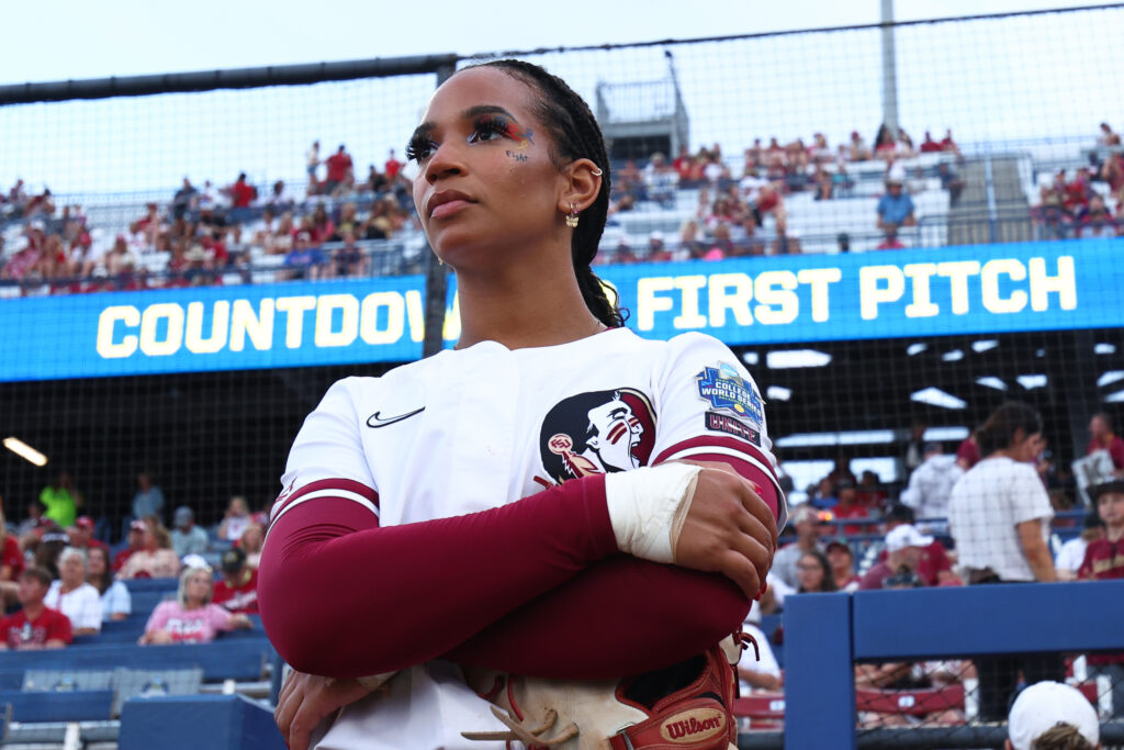 Florida State catcher Michaela Edenfield looks up before the 2023 NCAA softball championship series.