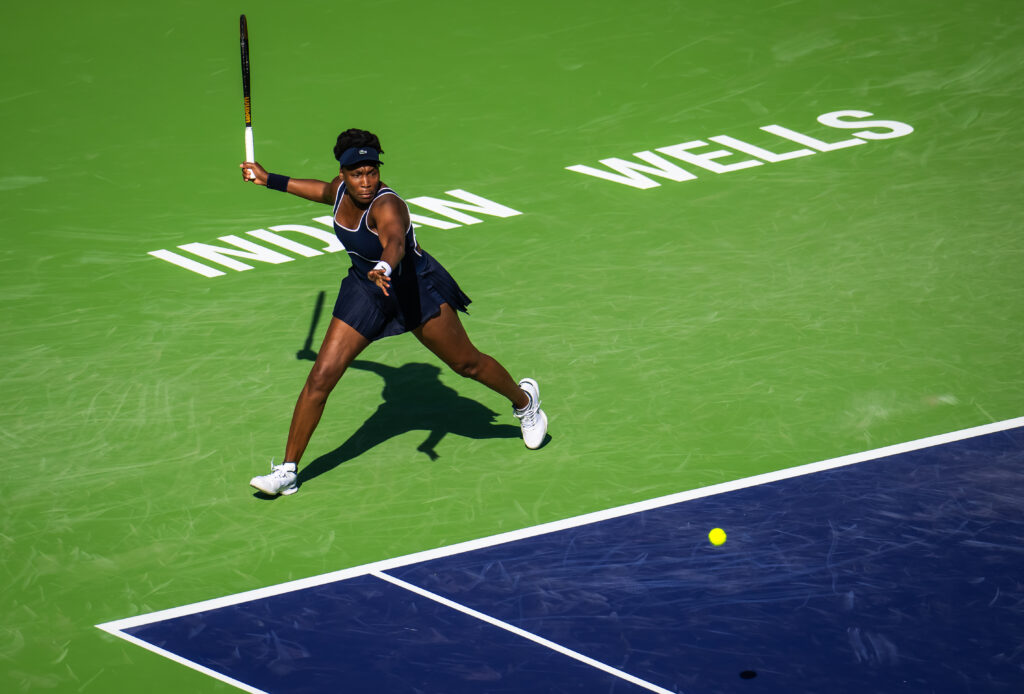 Venus Williams tracks down the ball during her opening round match at the 2024 Indian Wells tournament.