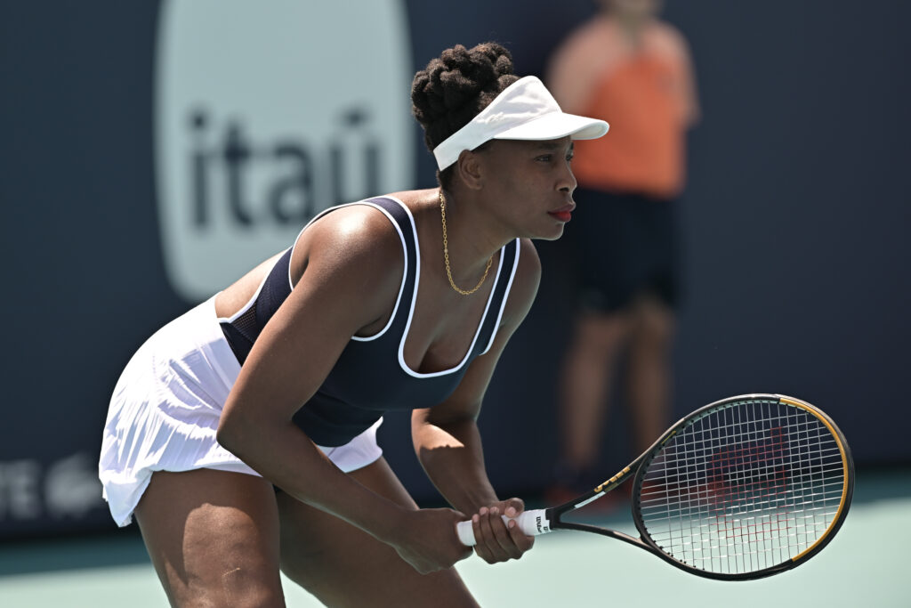 Venus Williams awaits a serve during her first-round match at the 2024 Miami Open.