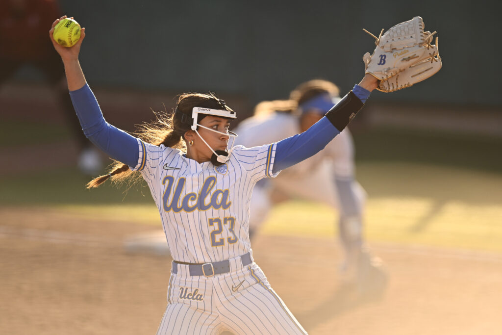 UCLA pitcher Taylor Tinsley winds up during a 2024 NCAA softball game.