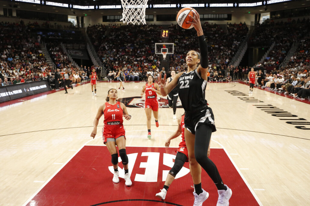 Las Vegas star A'ja Wilson lays up the ball during the Aces' 2024 preseason game against Puerto Rico on Wilson's college court at South Carolina.