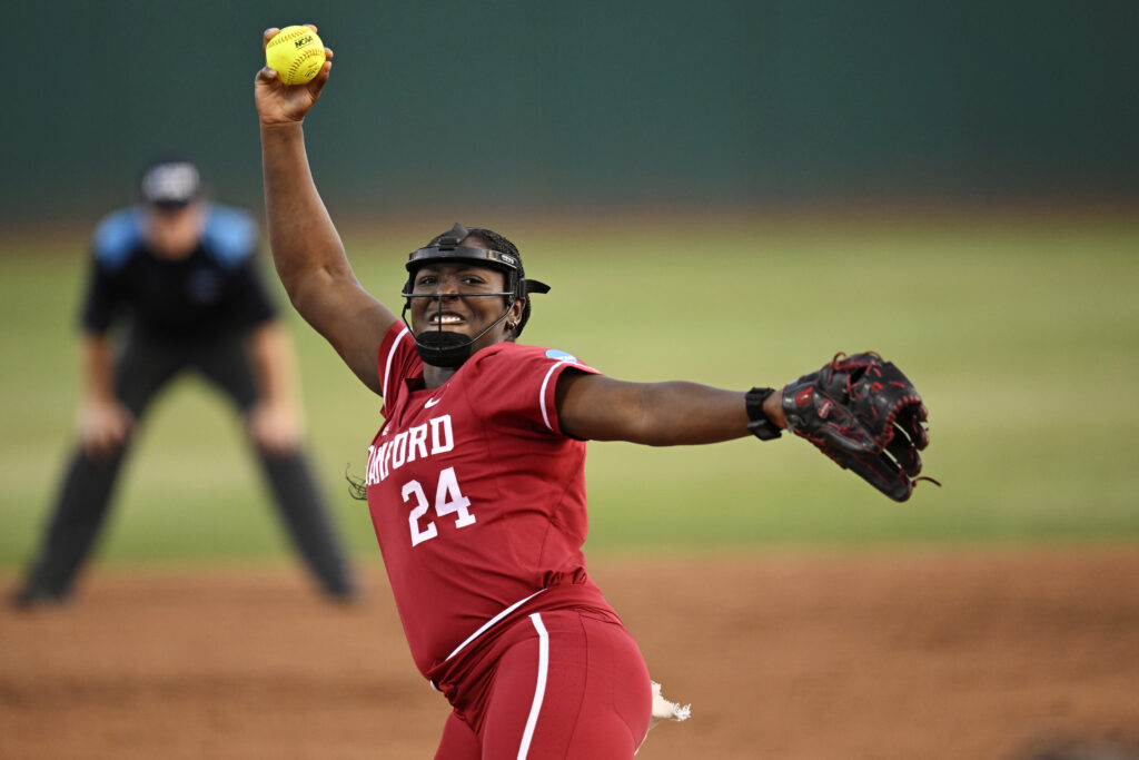 Stanford pitcher NiJaree Canady winds up from the circle during a 2024 NCAA Softball Super Regionals game against LSU.