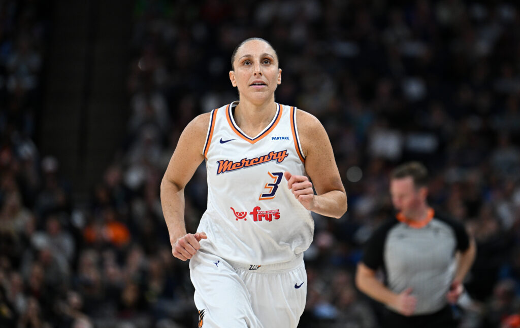 Phoenix Mercury star Diana Taurasi jogs up the court during a 2024 WNBA Playoff game.