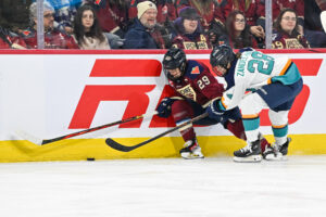 Montréal's Marie-Philip Poulin battles New York's Micah Zandee-Hart for the puck along the boards during a December 2024 PHWL game.