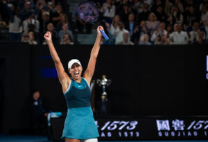 US tennis star Madison Keys reacts to winning the 2025 Australian Open.