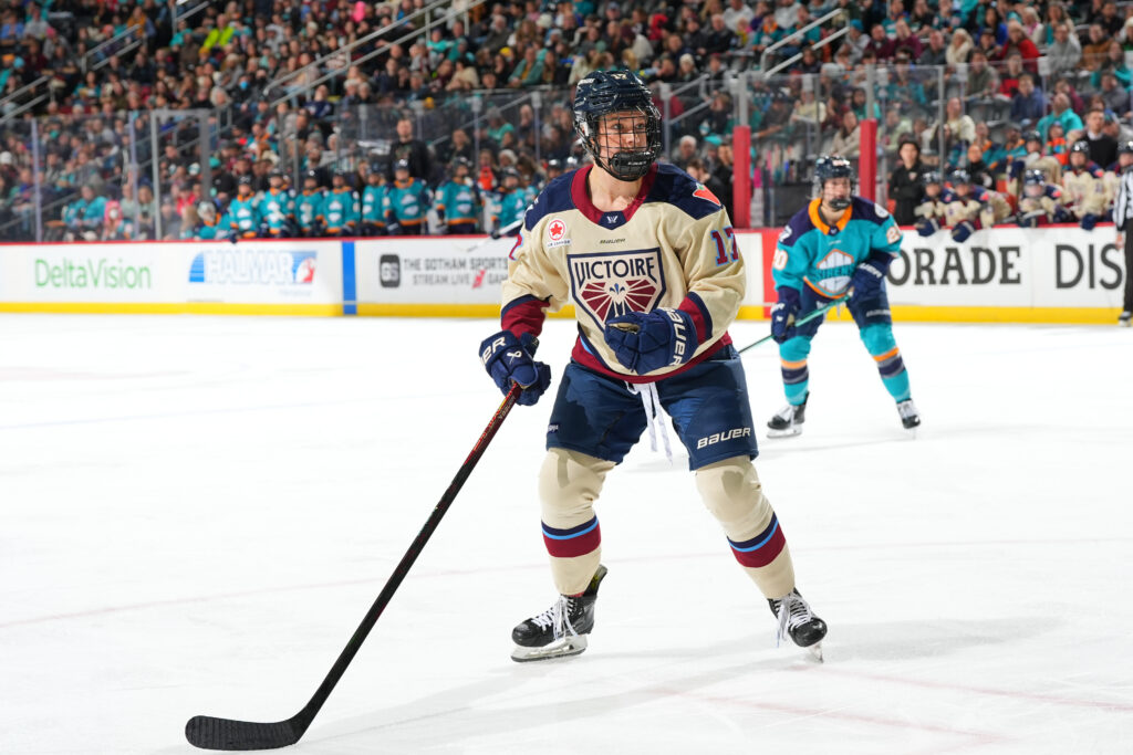 Montréal's Dara Grieg skates against the New York Sirens during a 2025 PWHL game.