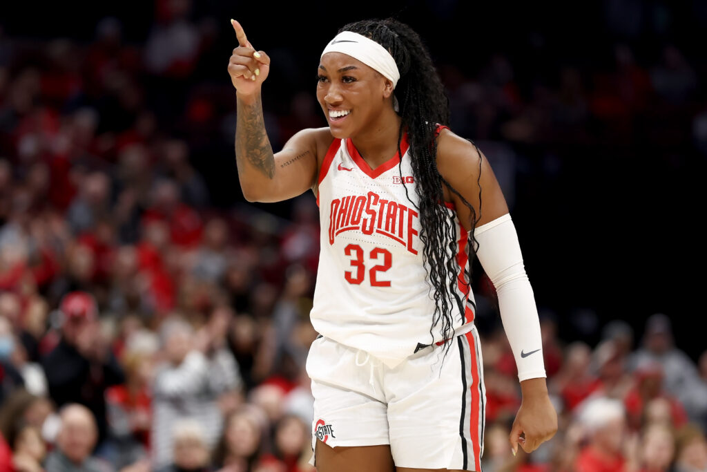 Ohio State basketball star Cotie McMahon celebrates a bucket during a Big Ten game.