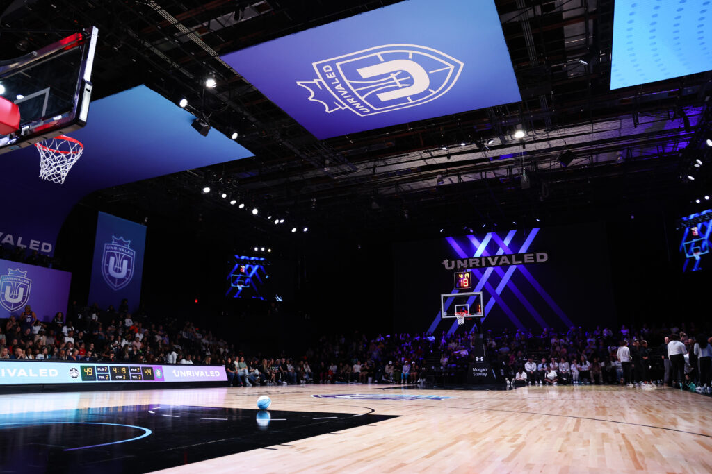 An official game ball rests on the Unrivaled basketball court in Miami, Florida.