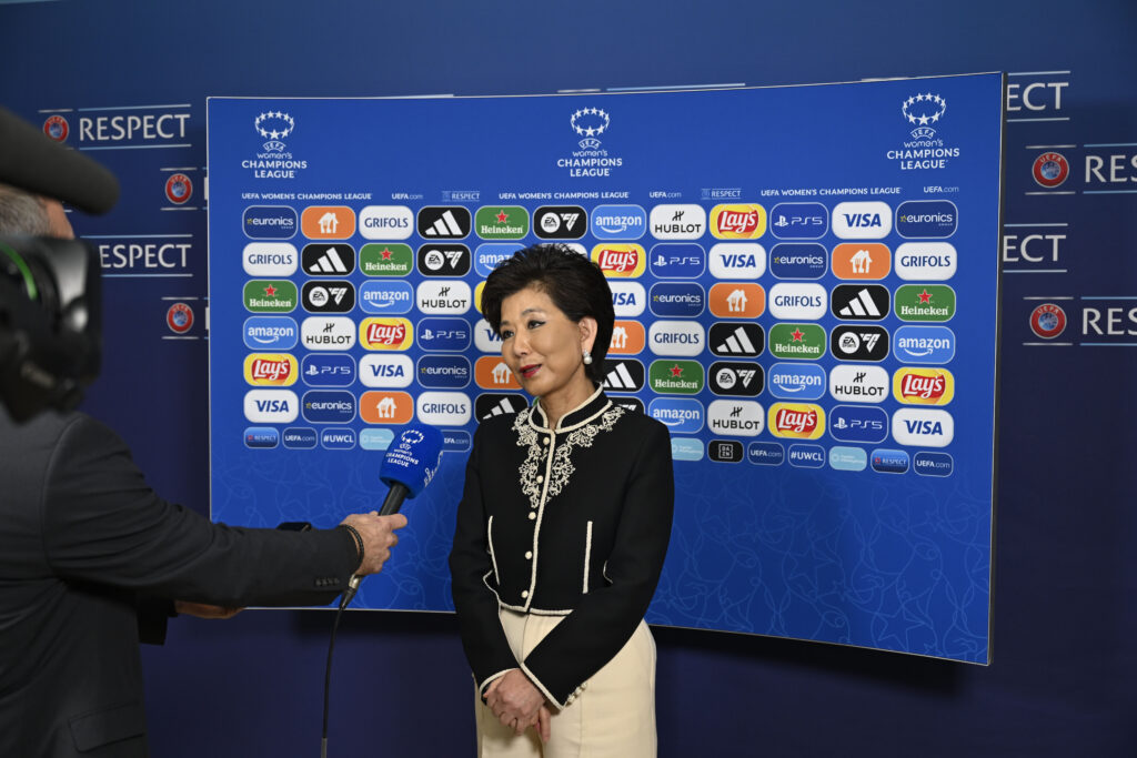 Lyon's Michele Kang, president of the winningest Champions League team in history, speaks to the media after Friday's UEFA draw.